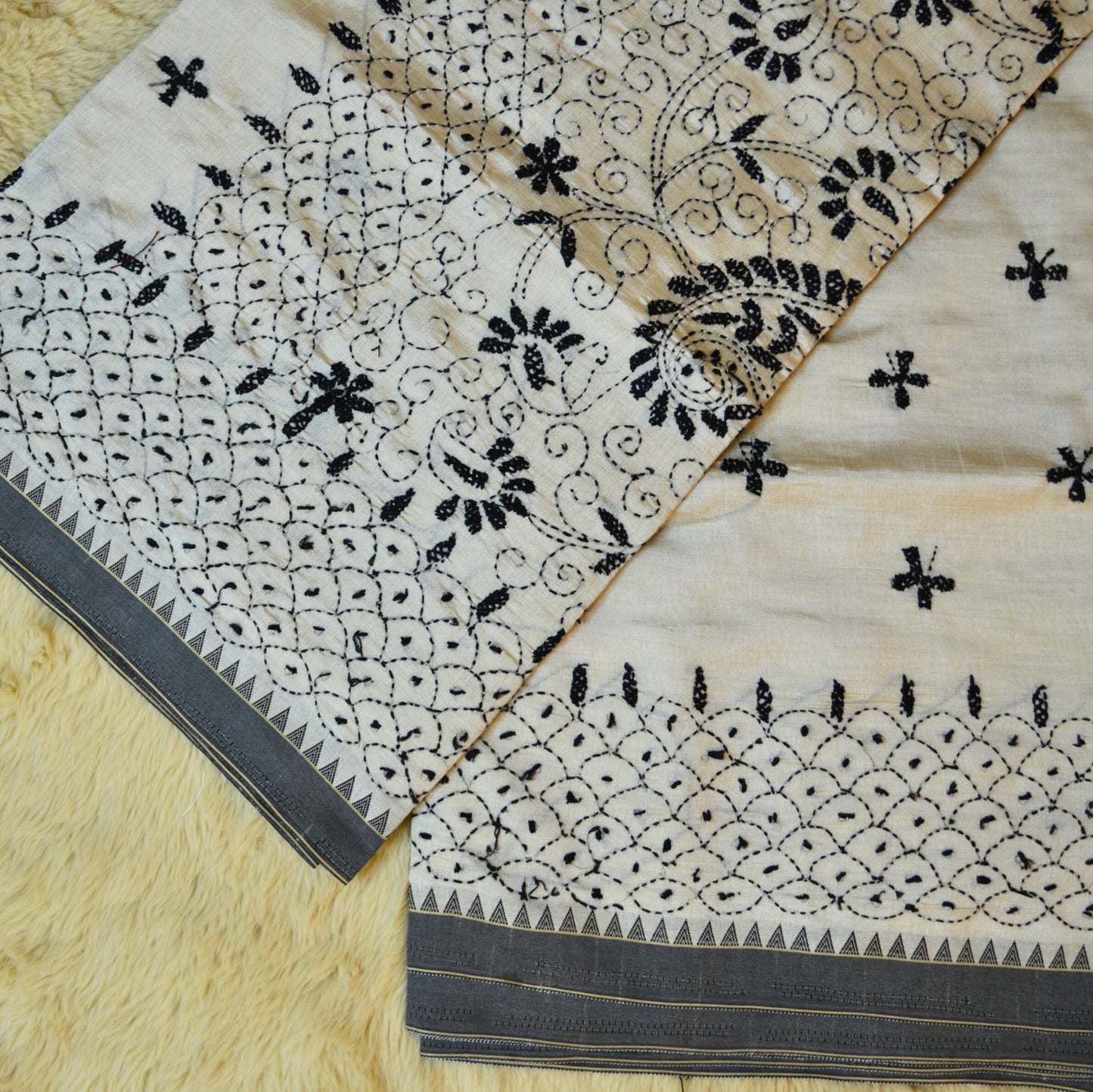 Half white with black tussar kashmir embroidery saree