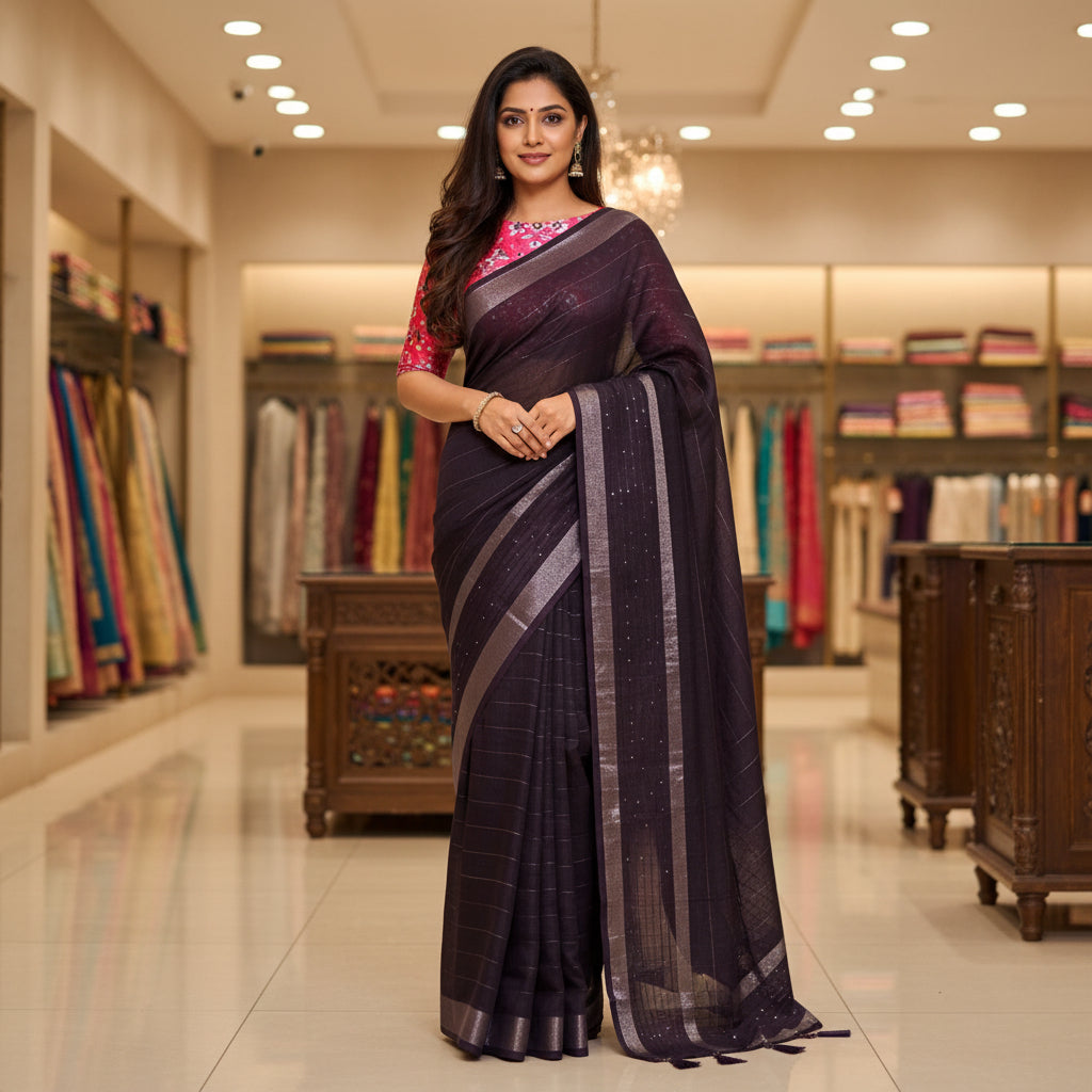 Purple linen sequin work saree