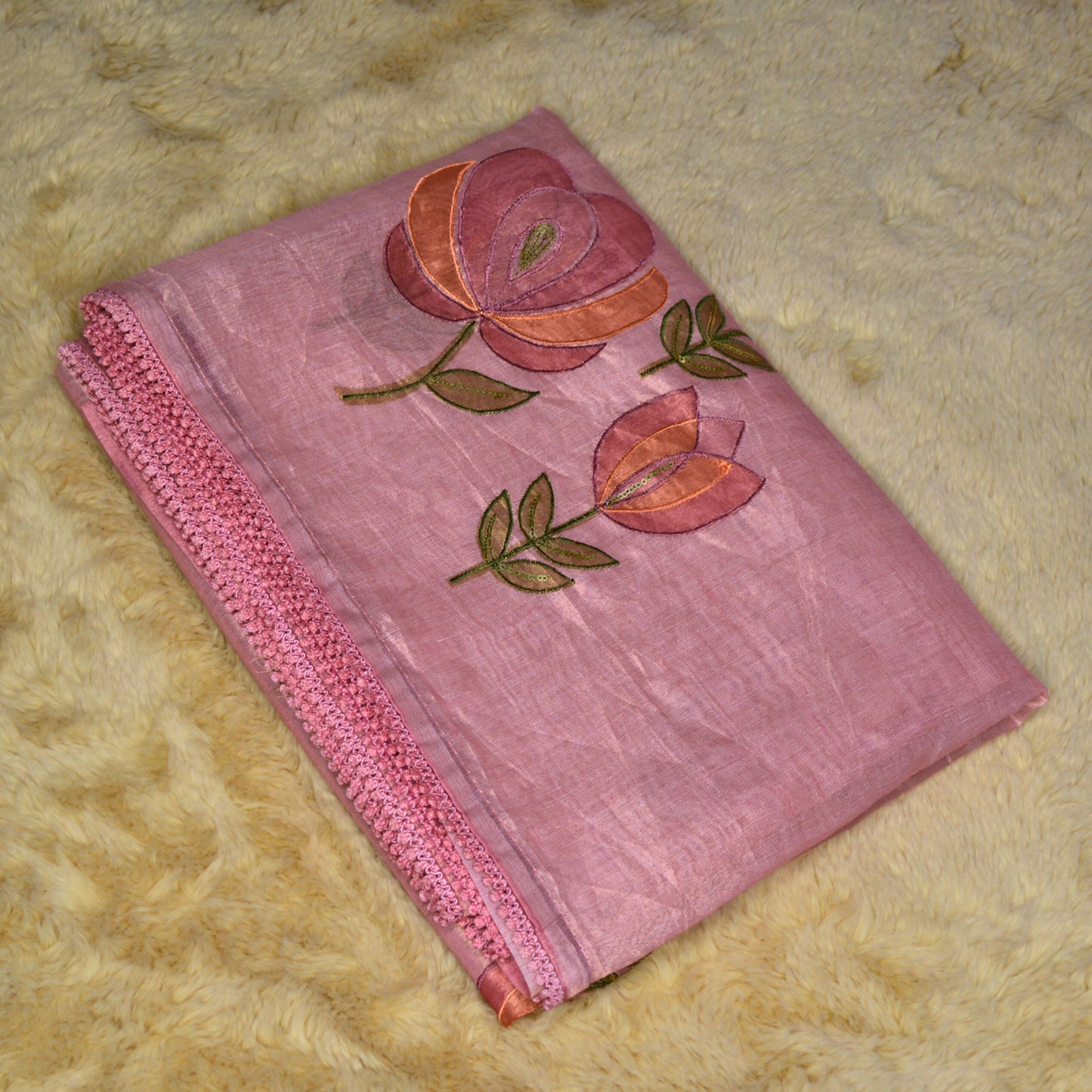 Baby pink tissue lotus applique work saree