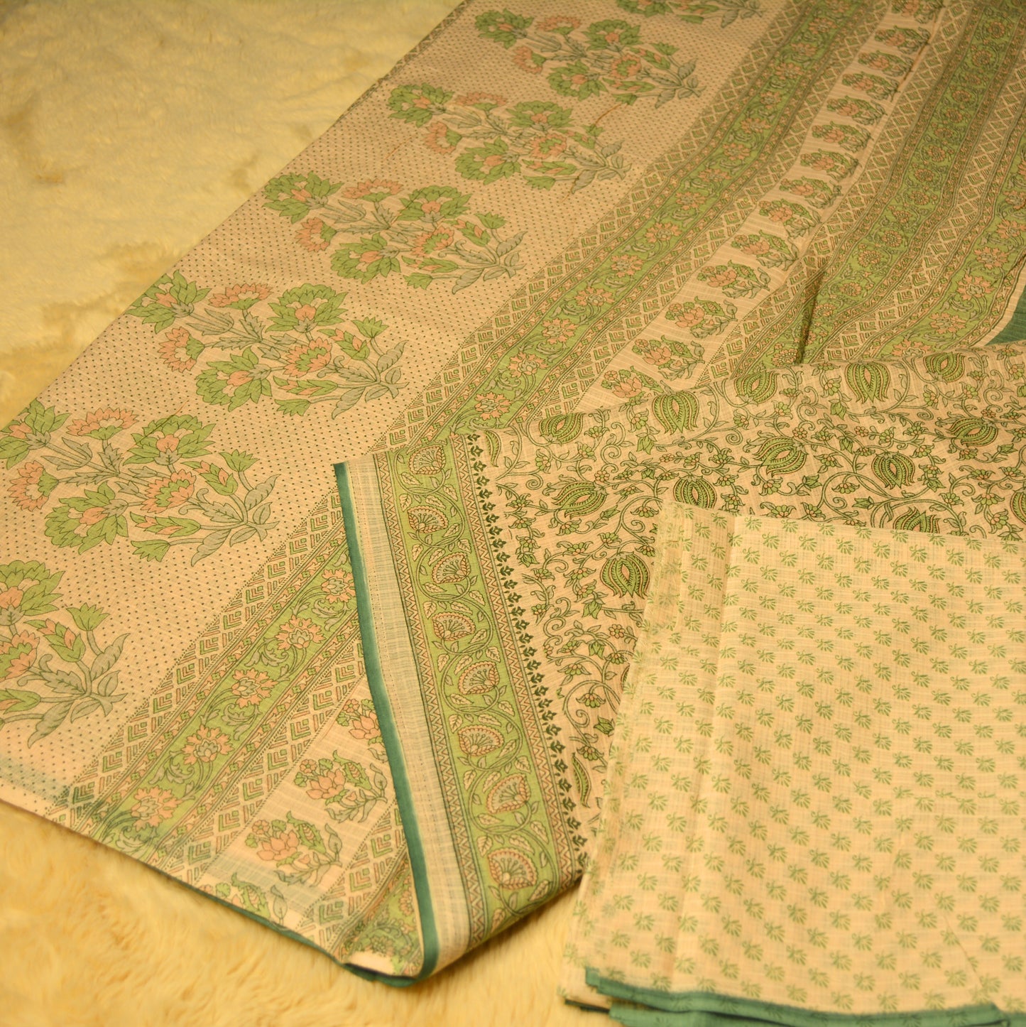 Green handblock printed cotton saree