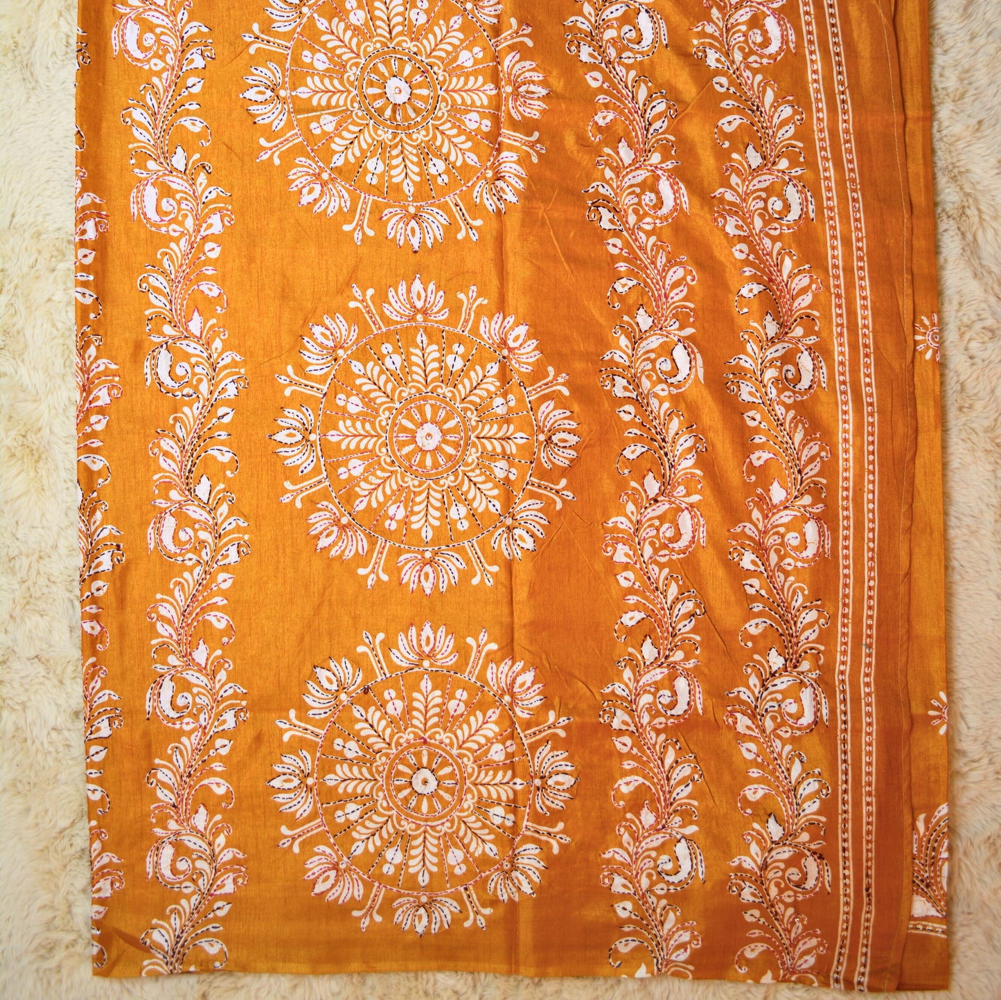 Orange dola silk katha work saree