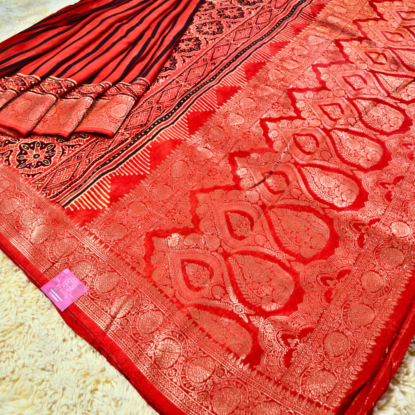Red with black stripes Pure dola silk saree