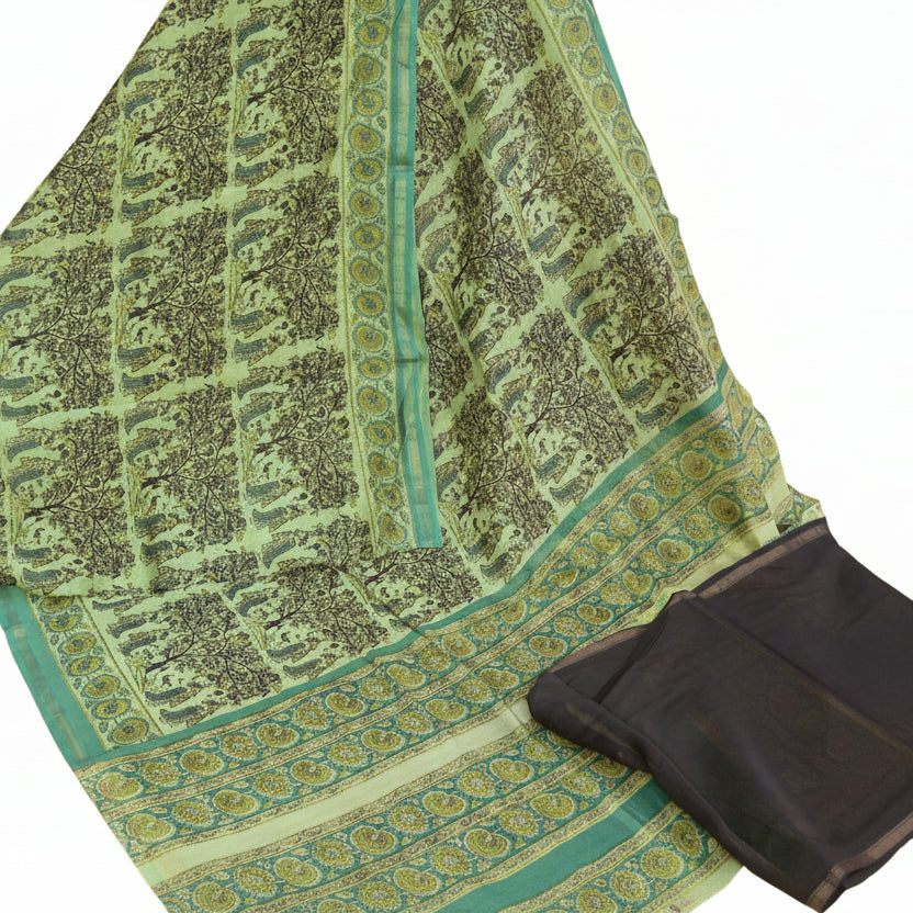 Pista green ajrakh handblock printed chanderi silk cotton saree