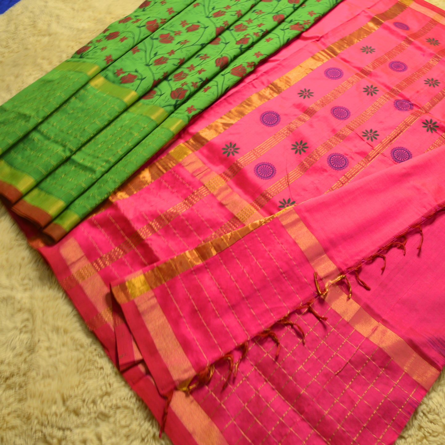 Green and pink venkatagiri silk cotton printed saree