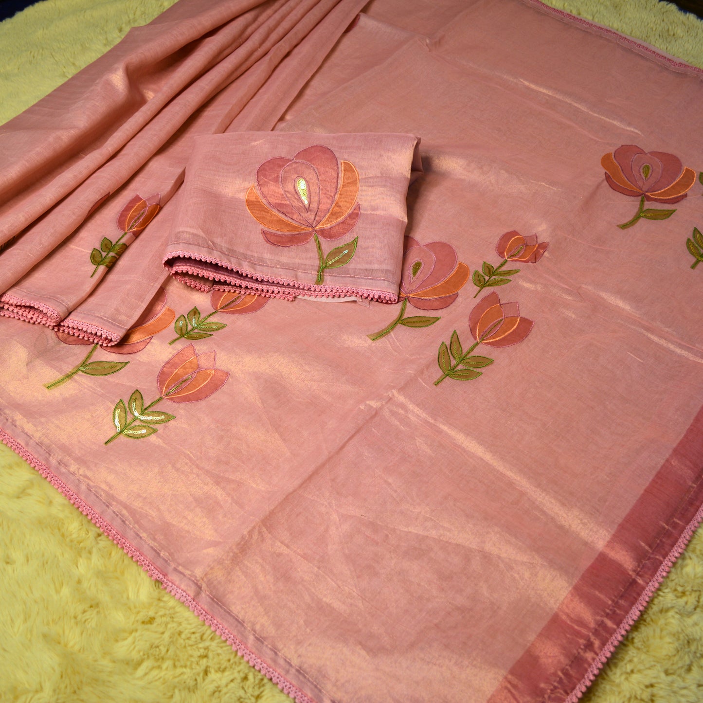 Baby pink tissue lotus applique work saree