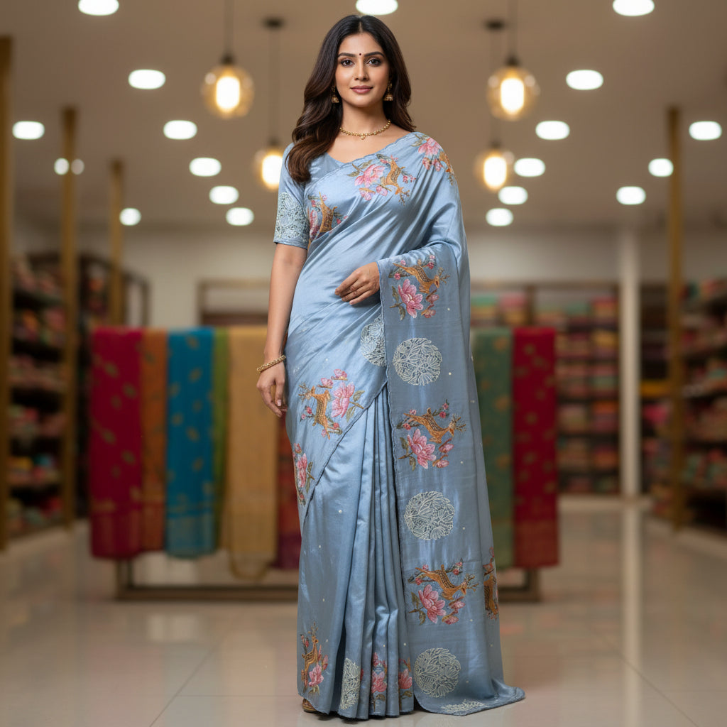 Sky blue dol silk cutwork embroidery saree
