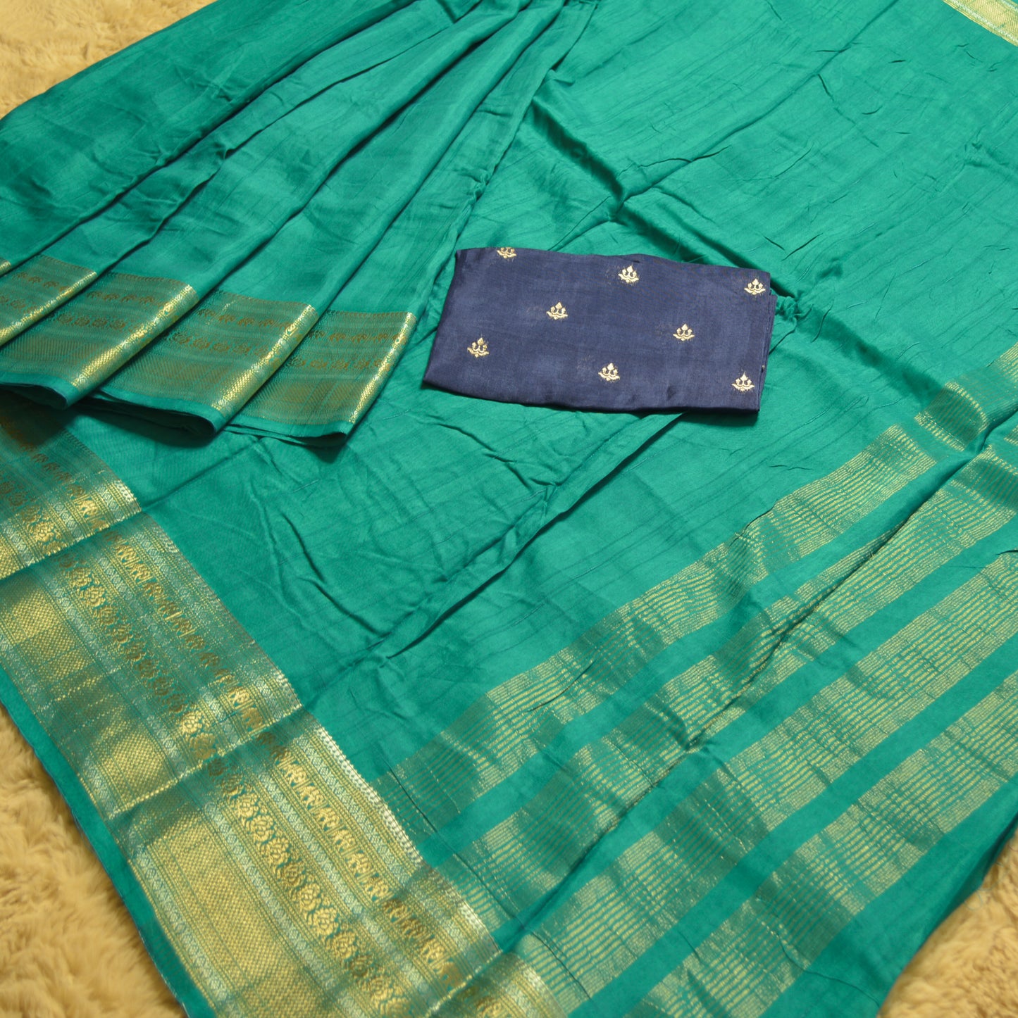 Rama blue mashroo silk with contrast blouse