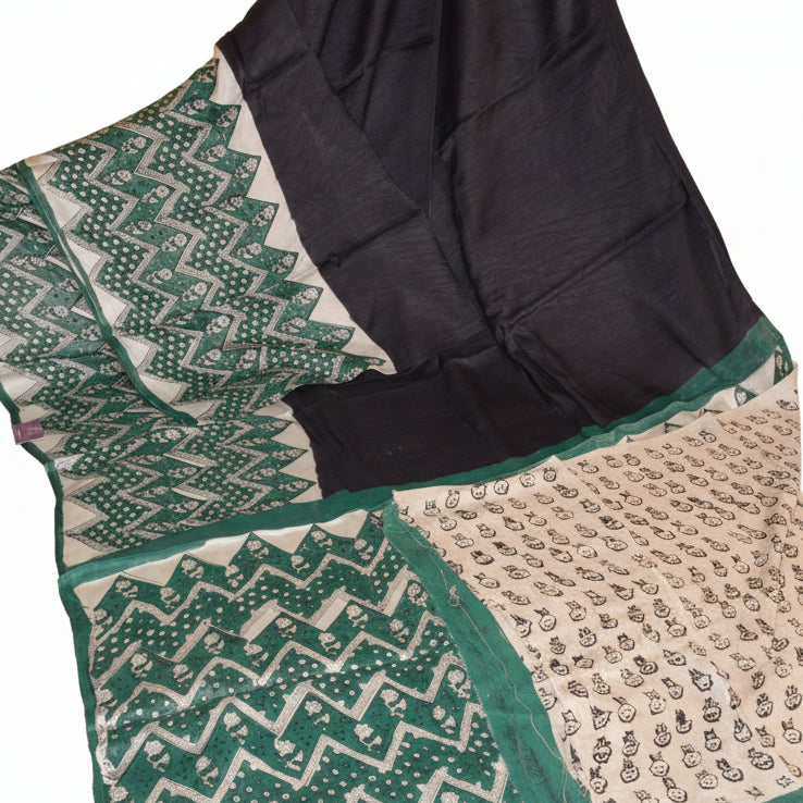 Black ajrakh handblock printed pure Modal silk saree