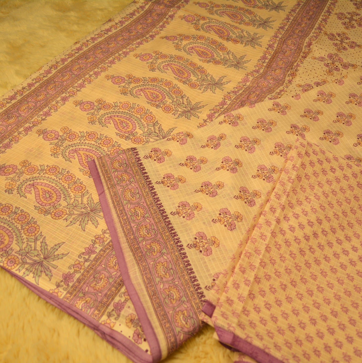 Lavender contrast handblock printed cotton saree