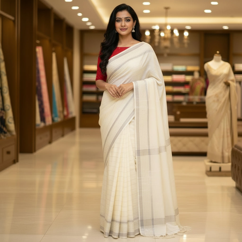 Half white linen sequin work saree