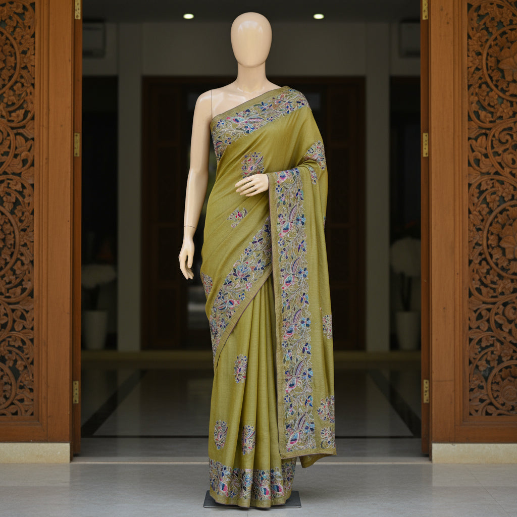 Olive green crush tissue embroidery saree