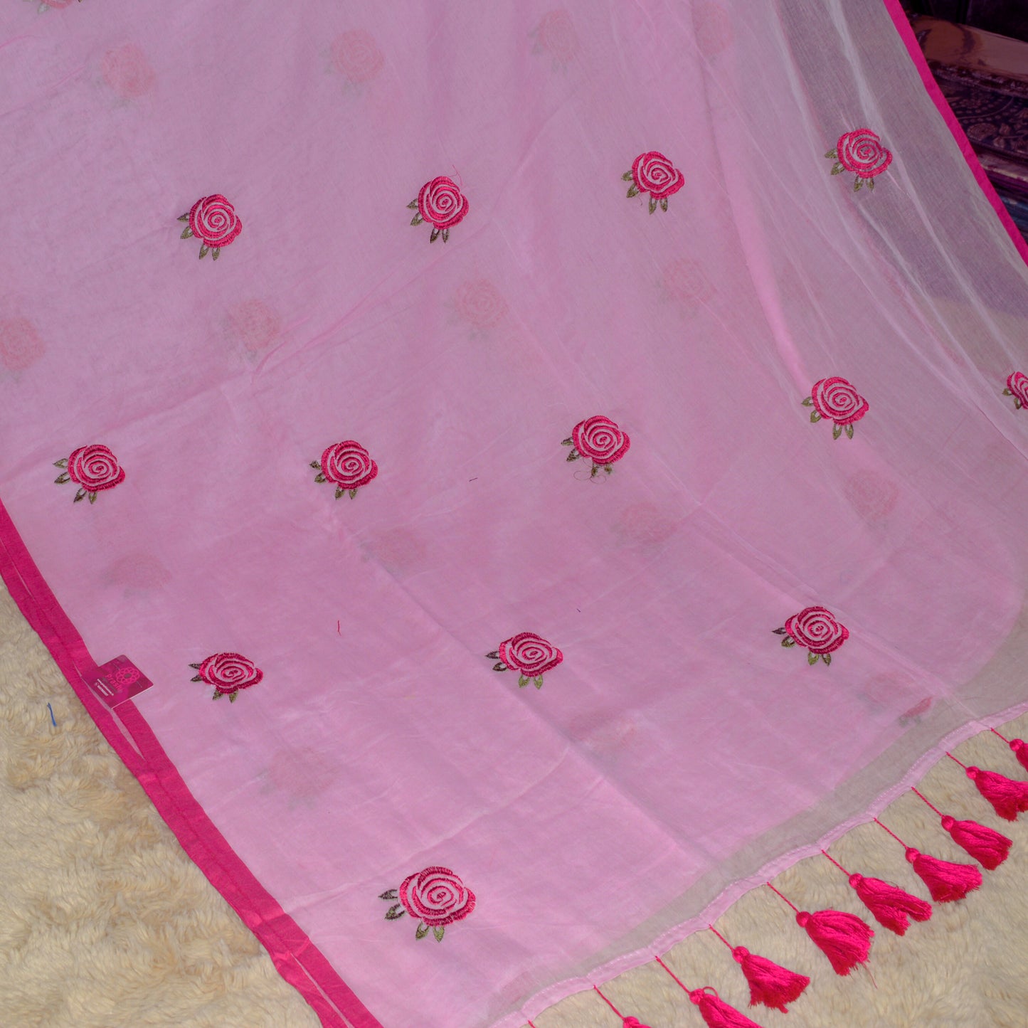 Baby pink mul cotton embroidery saree
