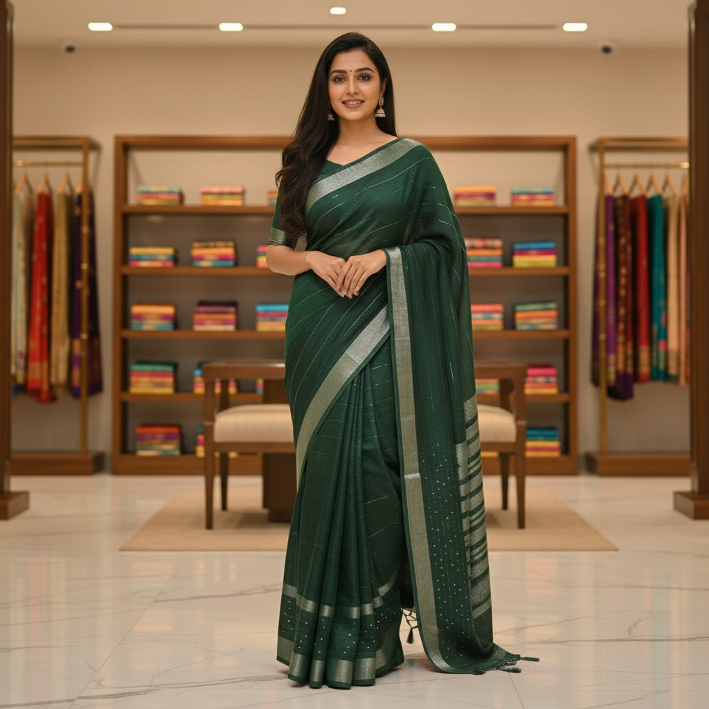 Bottle green sequin work linen saree