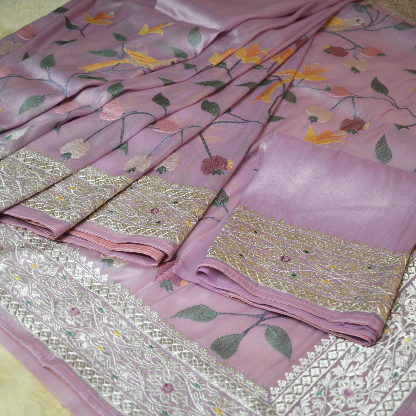 lavender tissue german silver work saree