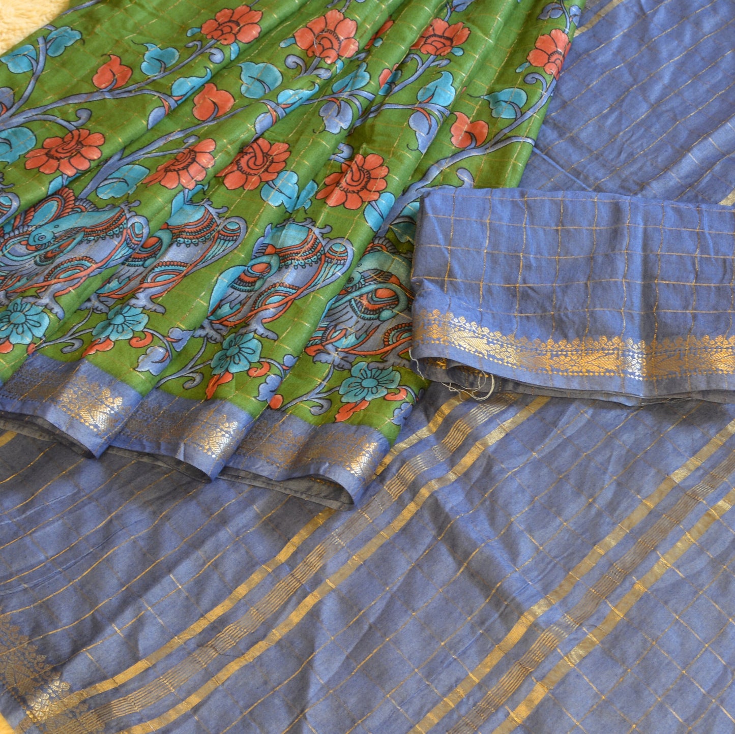 Green koria silk floral print border saree