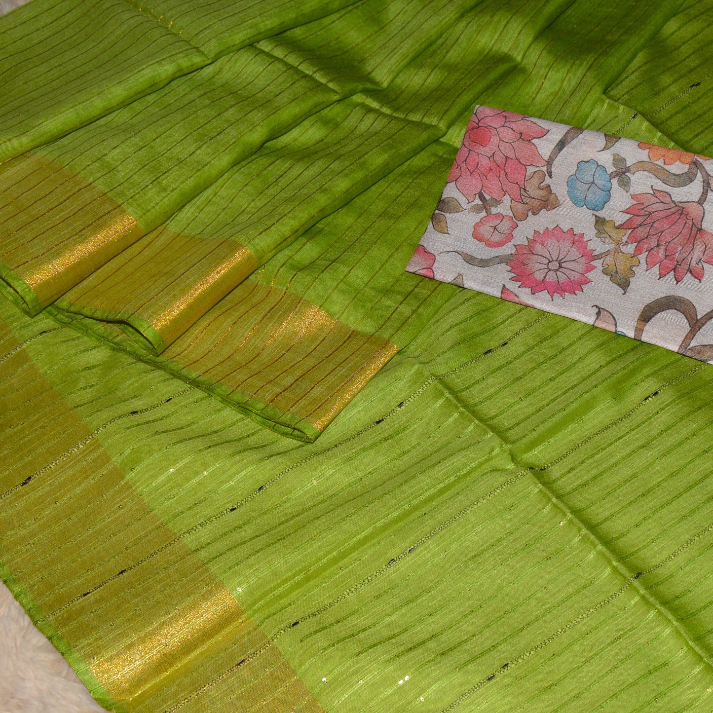 Parrot green mooga tissue saree with 2 blouses