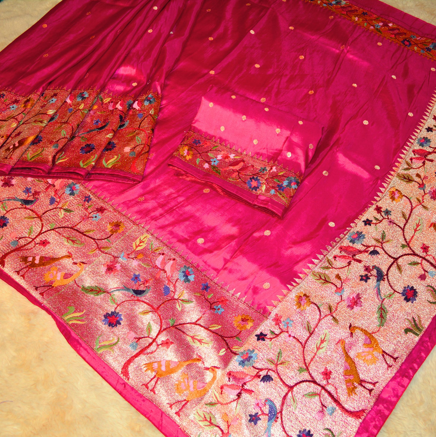 Pink dola silk german silver work saree