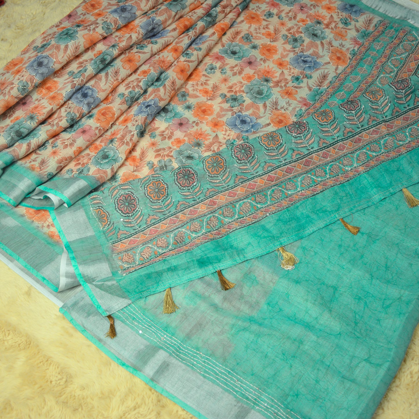 Sky blue linen katha work digital print saree