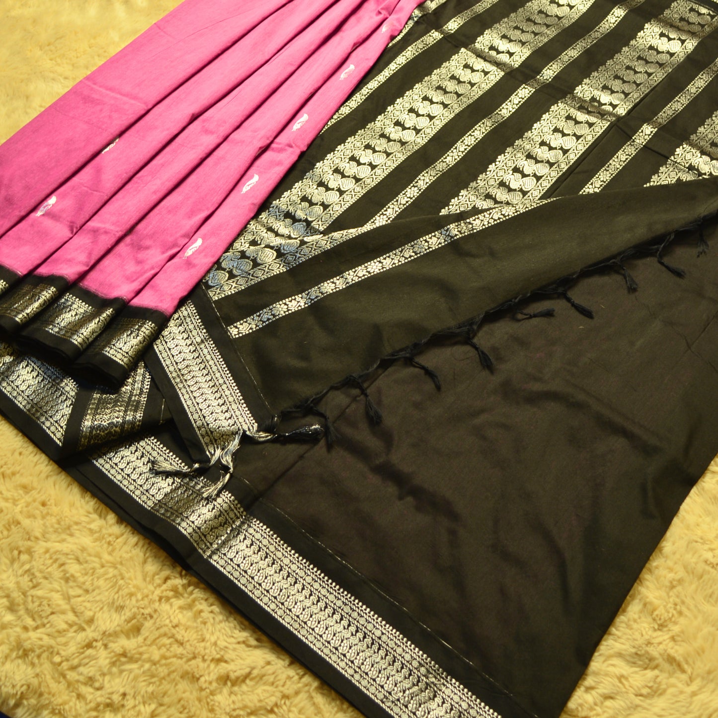 pink with black kalyani cotton border saree