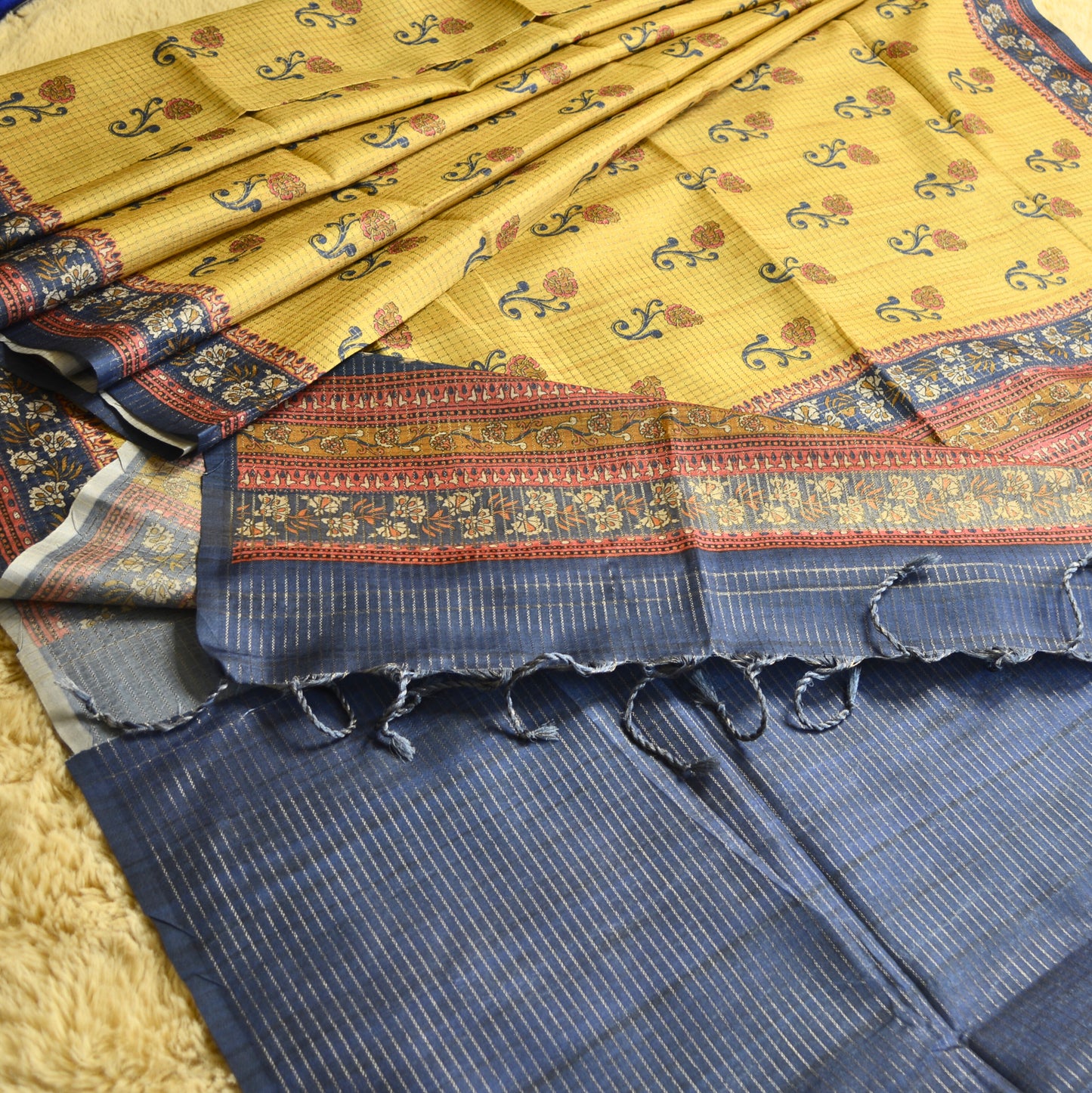 Mustard yellow with blue tussar checks kalamkari printed saree