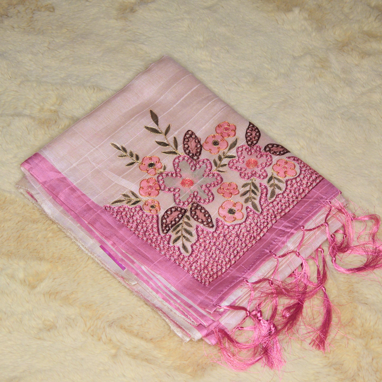 Beige tussar cut work embroidery saree with pink contrast