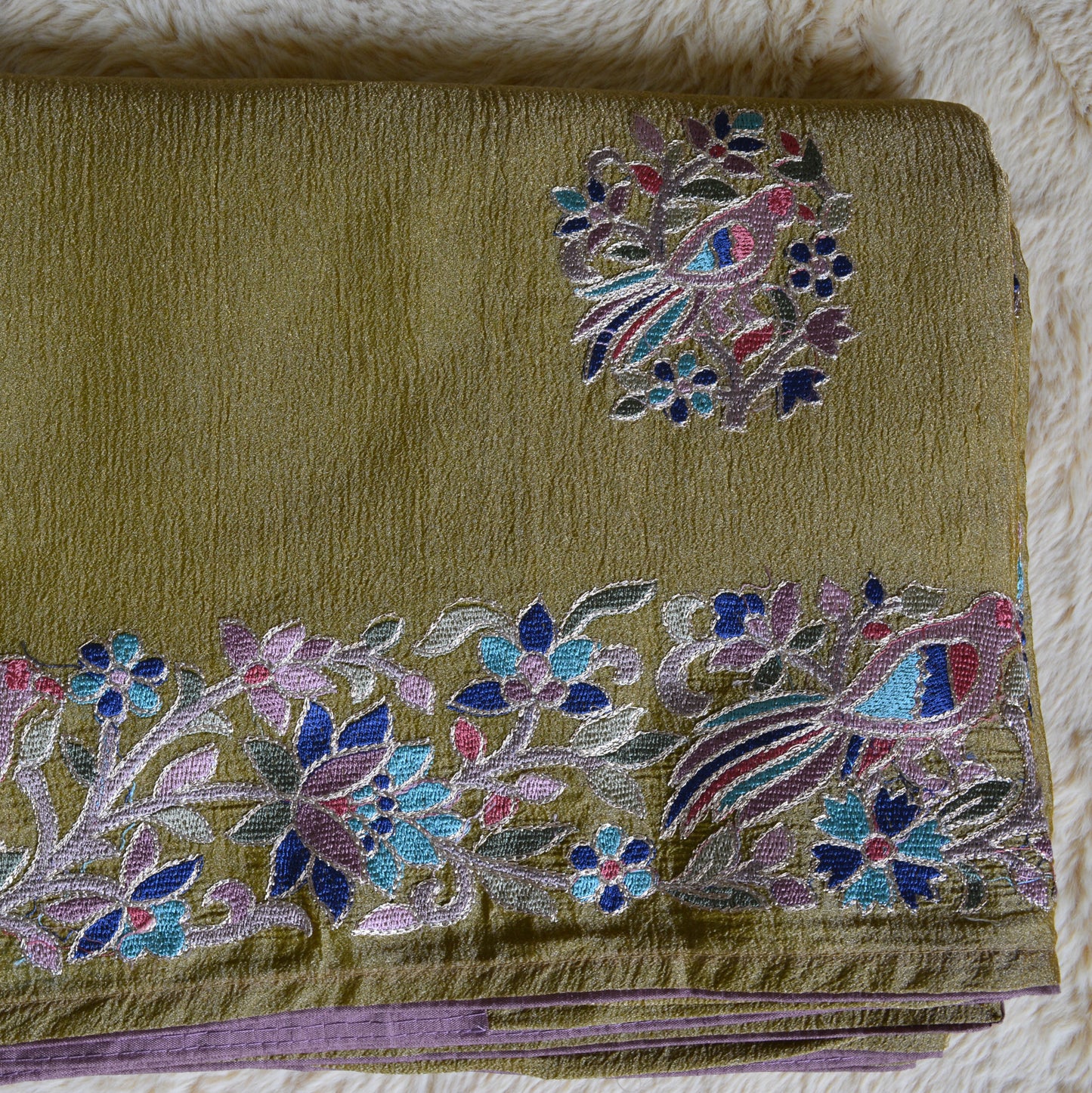 Olive green crush tissue embroidery saree