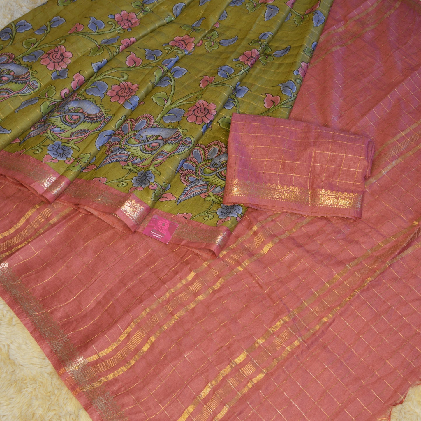 Mahendi Green koria silk floral print border saree