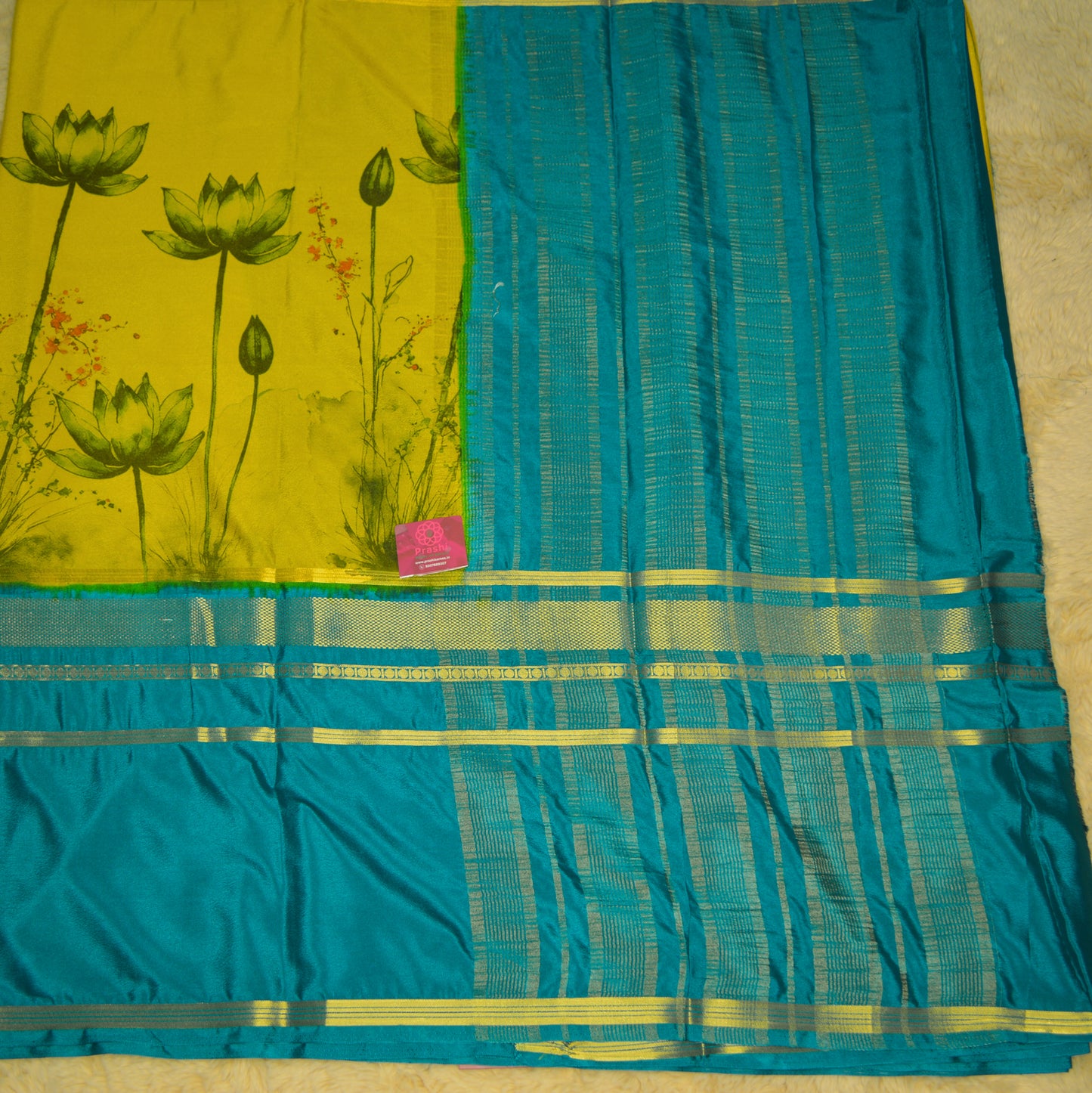 Lemon yellow semi mysore crepe Kalamkari saree