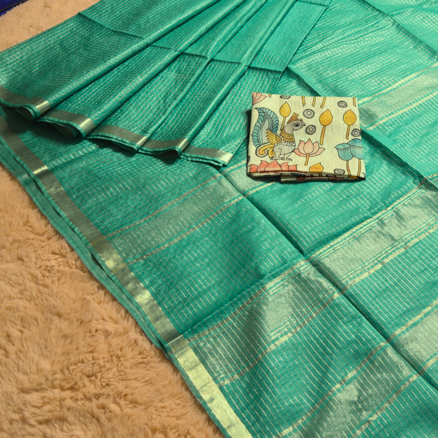 Rama green moonga tissue saree with 2 blouses