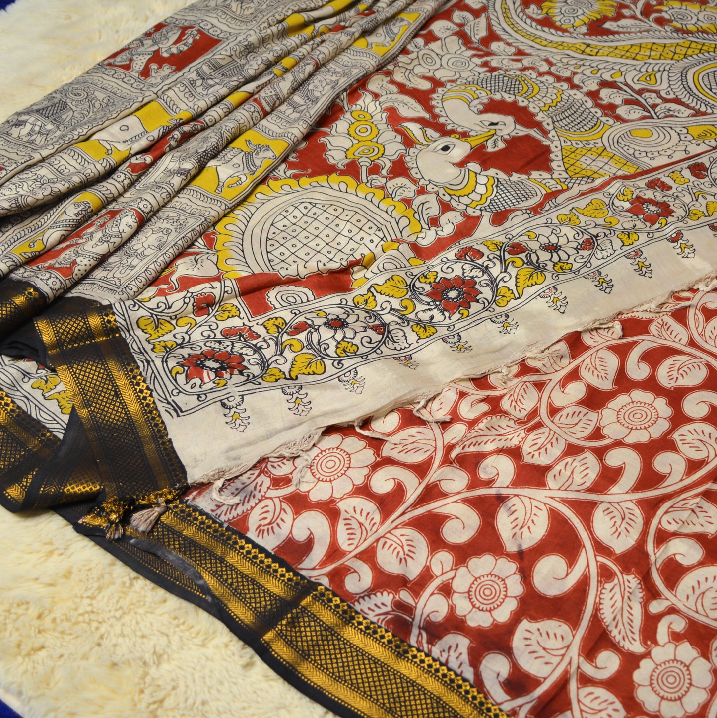 Yellow with Red Nizam border kalamkari silk saree
