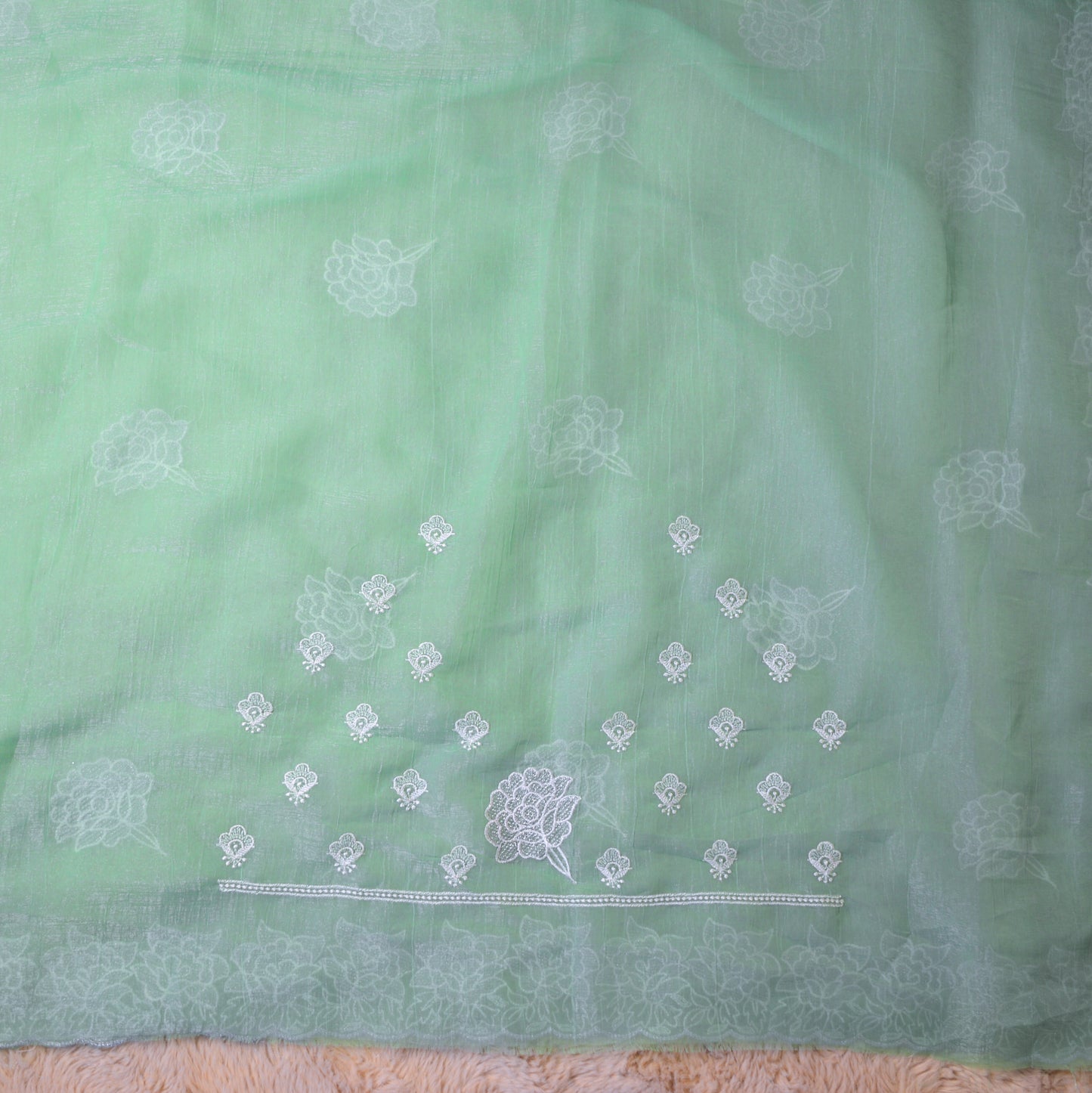 Pastel green crush chiffon floral embroidery saree