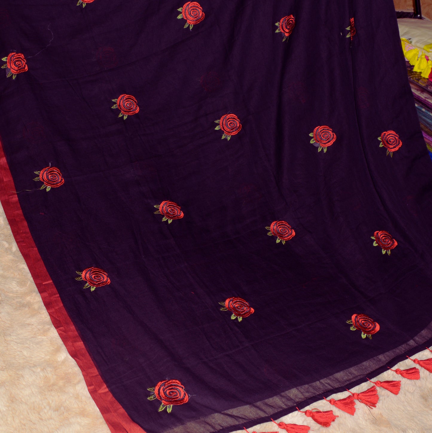 Black with red mul cotton embroidery saree
