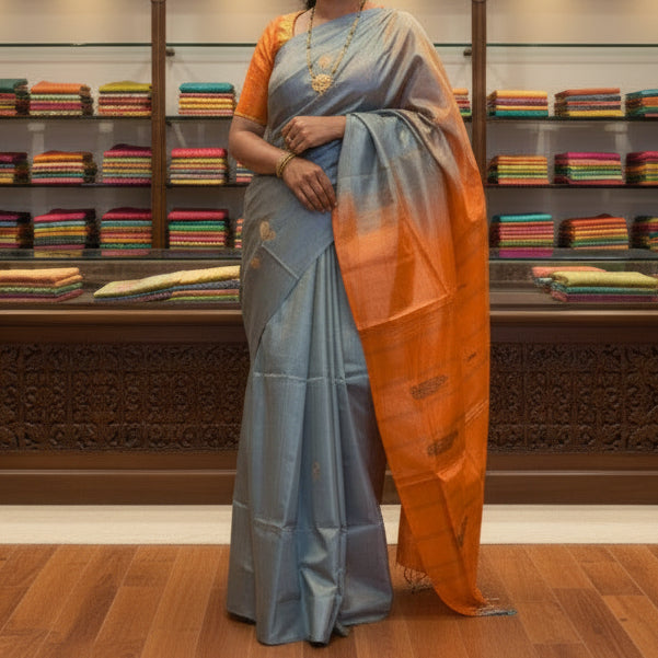 Grey with orange vegan silk saree