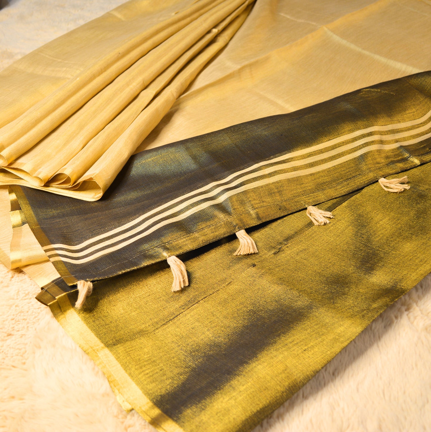 Cream and black khadi tissue saree