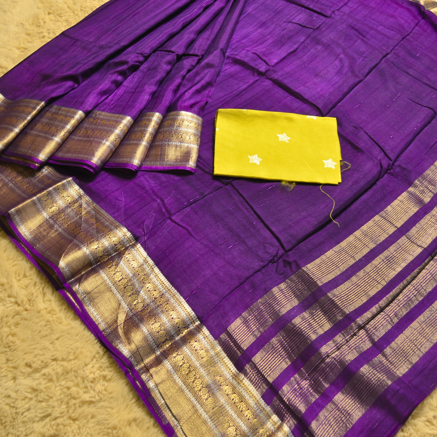 Purple plain mashroo silk saree with contrast blouse