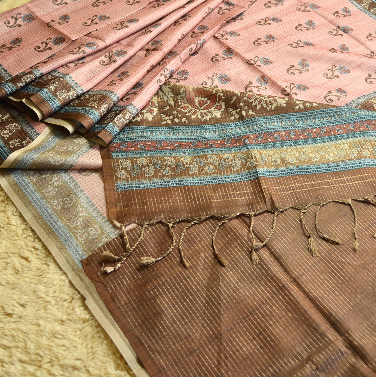 Peach and brown tussar checks kalamkari printed saree