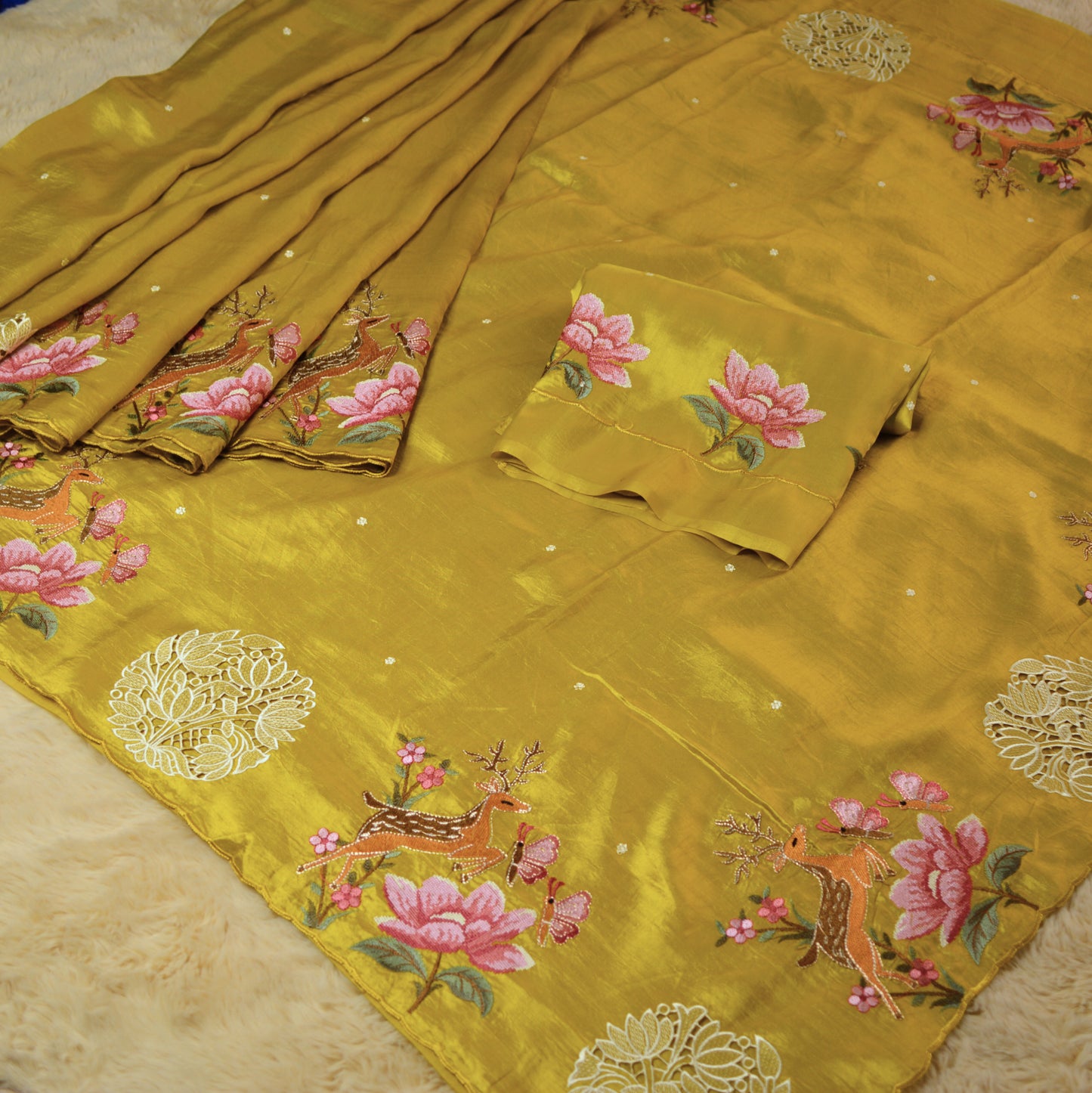Mustured yellow dol silk cutwork embroidery saree