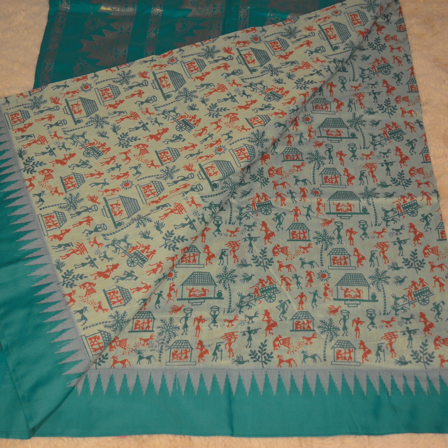 teal blue and blue kalyani cotton digital print saree