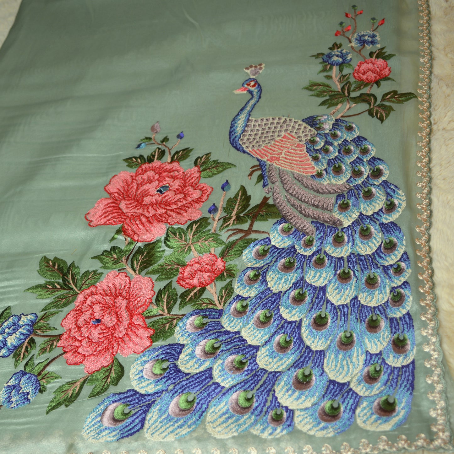 Pista green tissue peacock embroidery saree