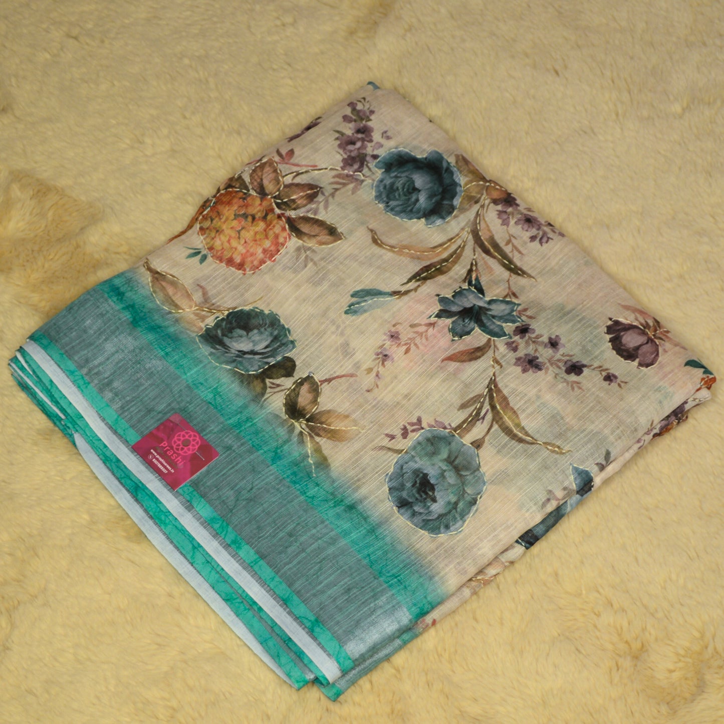 Beige and blue linen katha work digital print saree