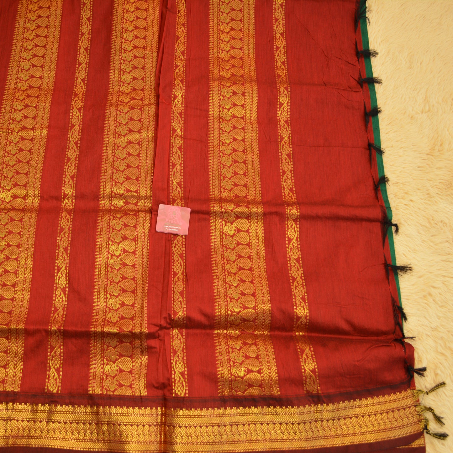 Bottle green handloom kalyani cotton saree with maroon contrast