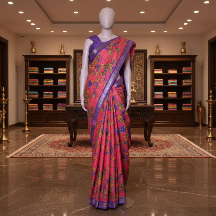 Pink koria silk floral print border saree