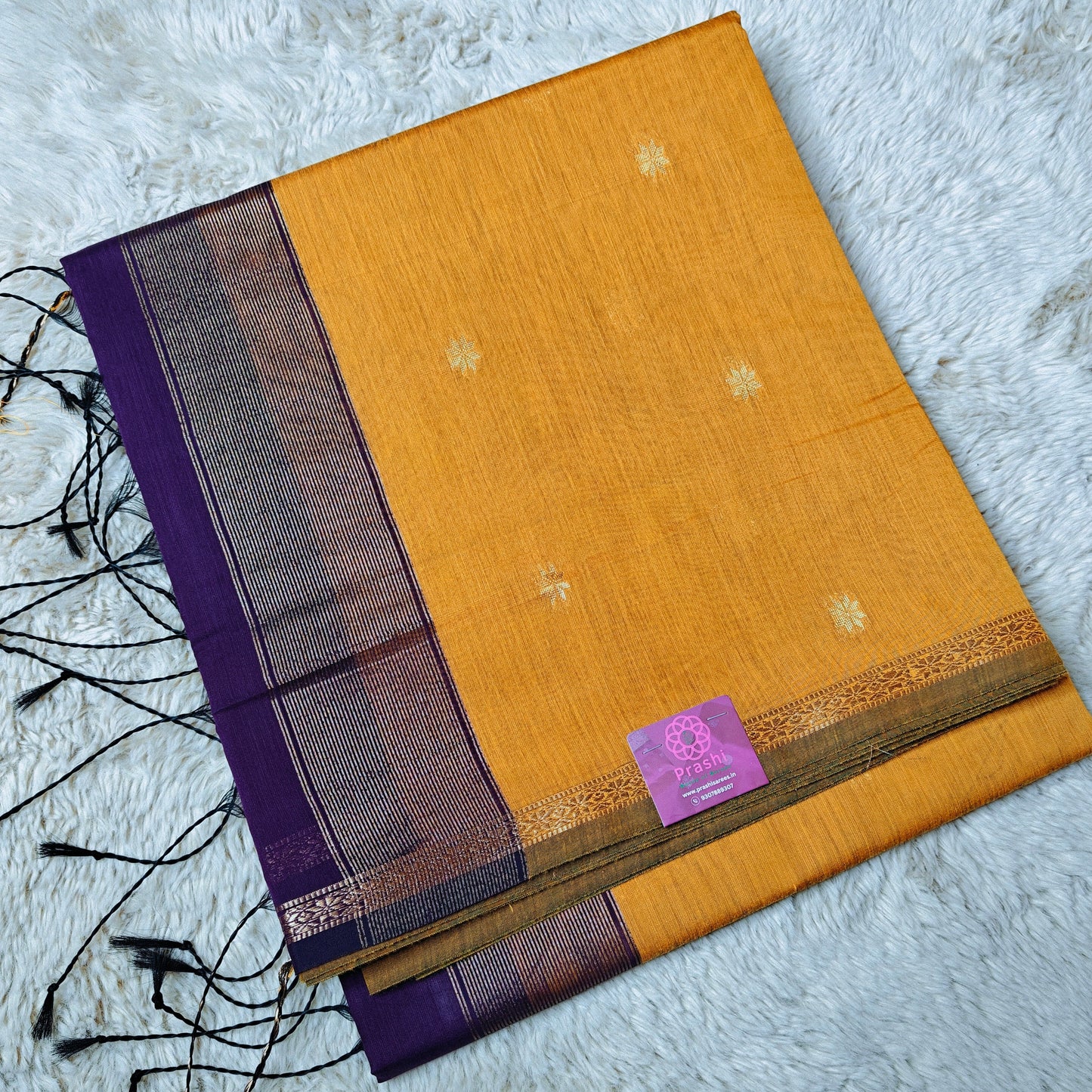 Yellow with purple maheshwari silk cotton saree