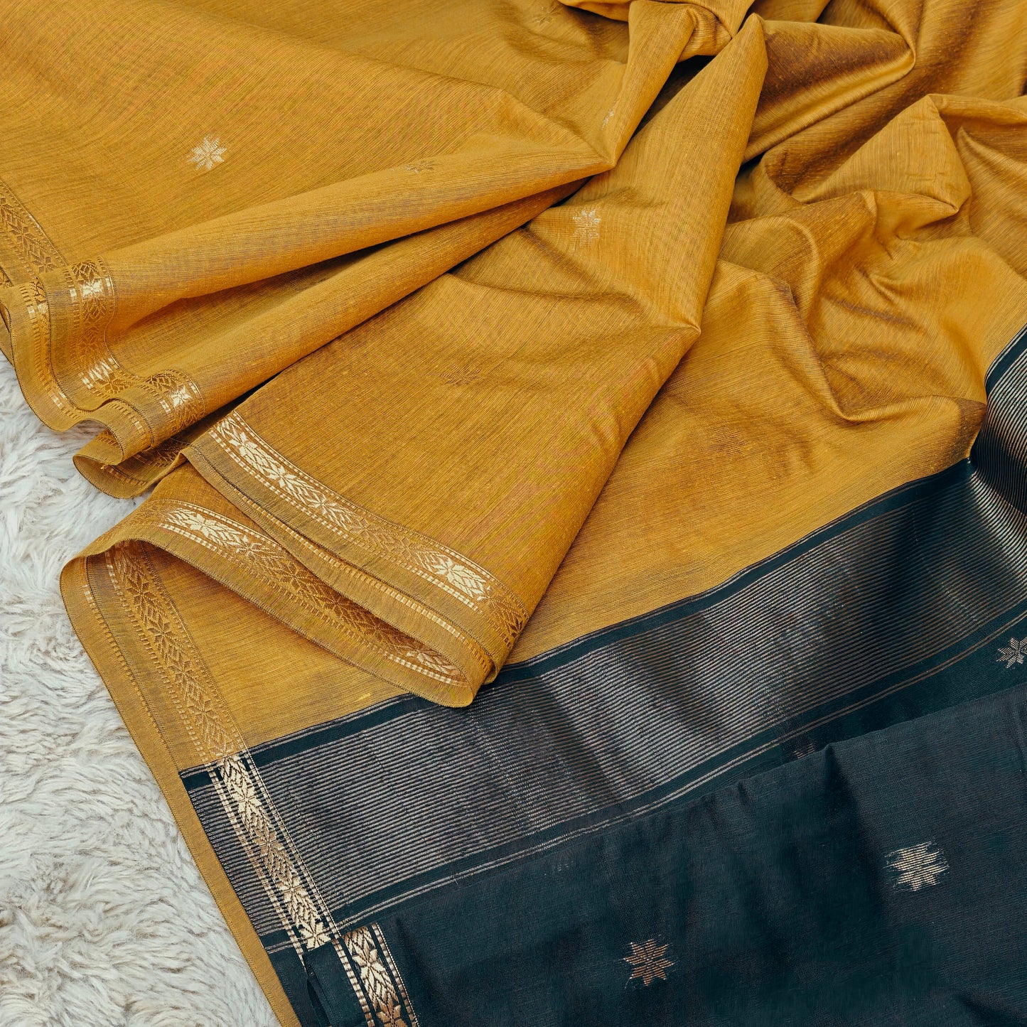 Yellow with black maheshwari silk cotton saree
