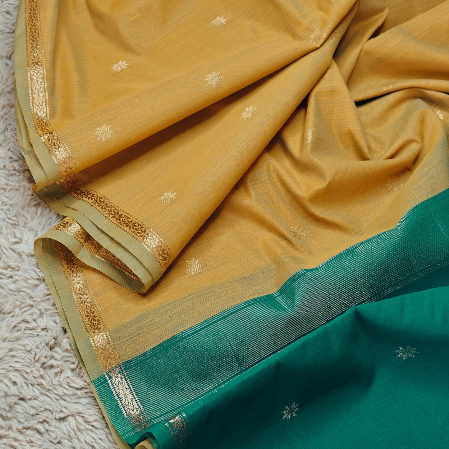 Yellow with teal blue maheshwari silk cotton saree