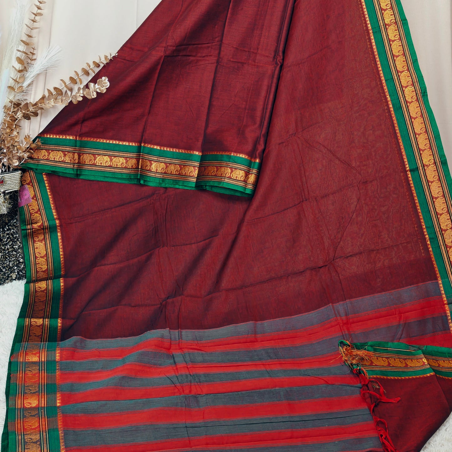 Maroon Pure Narayanpet cotton saree
