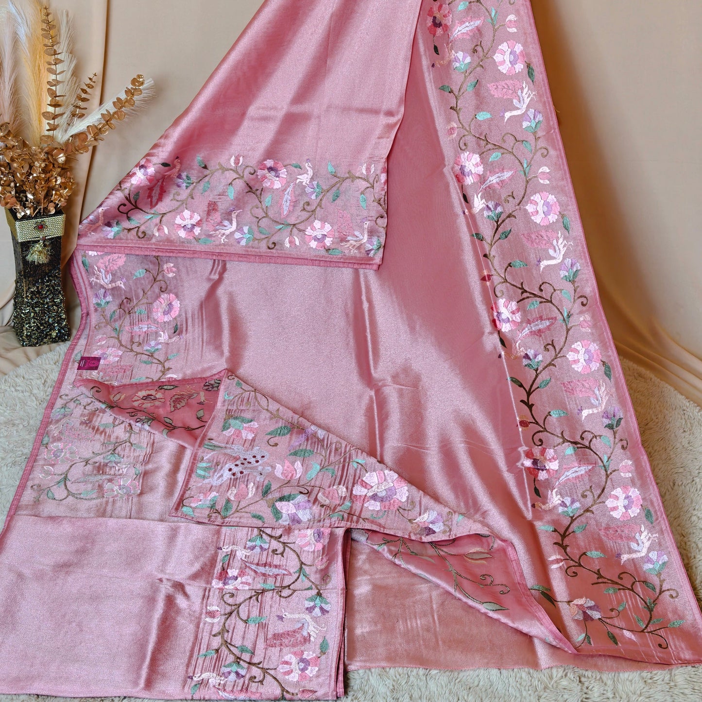 Peach pink tissue floral embroidery saree