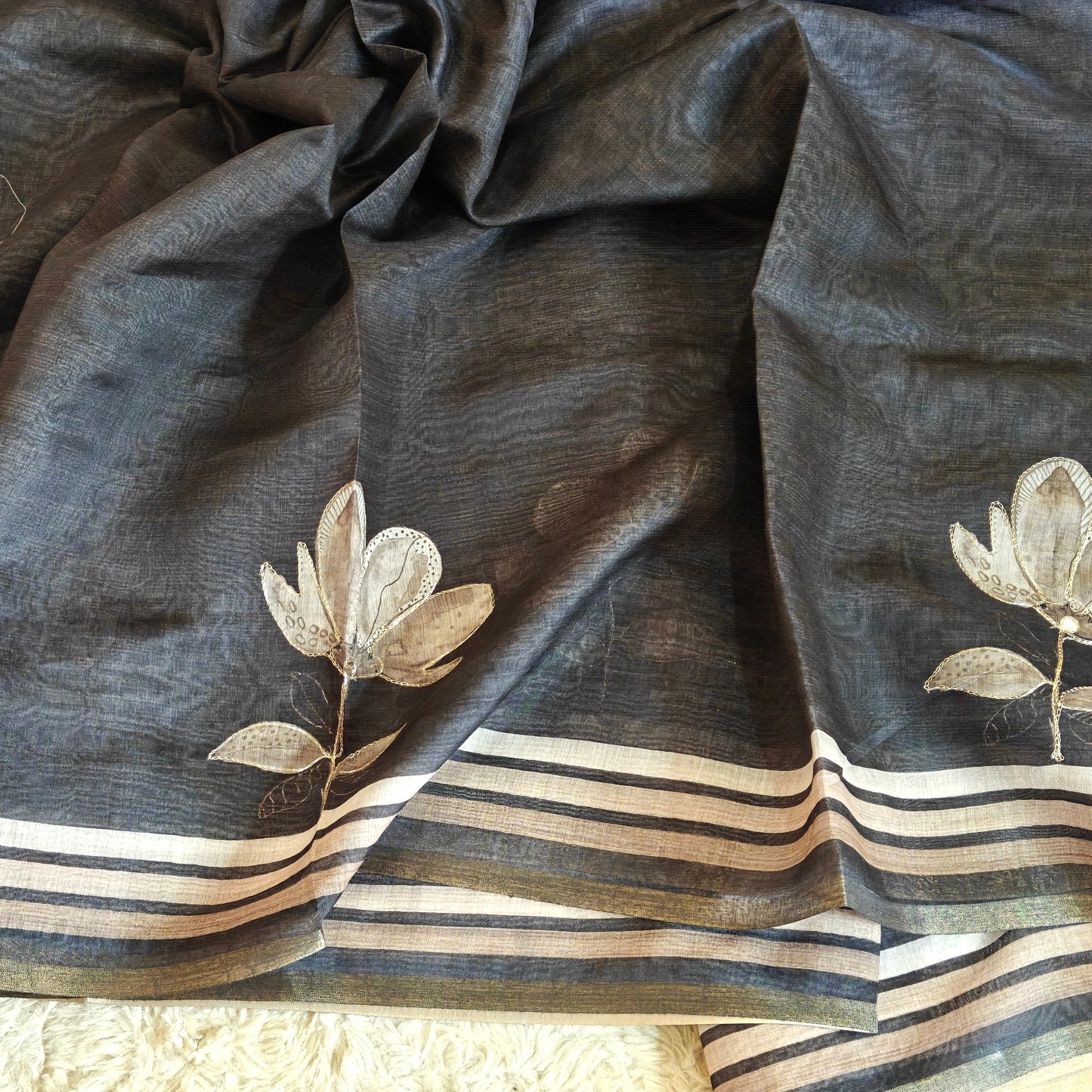 Black chanderi work saree