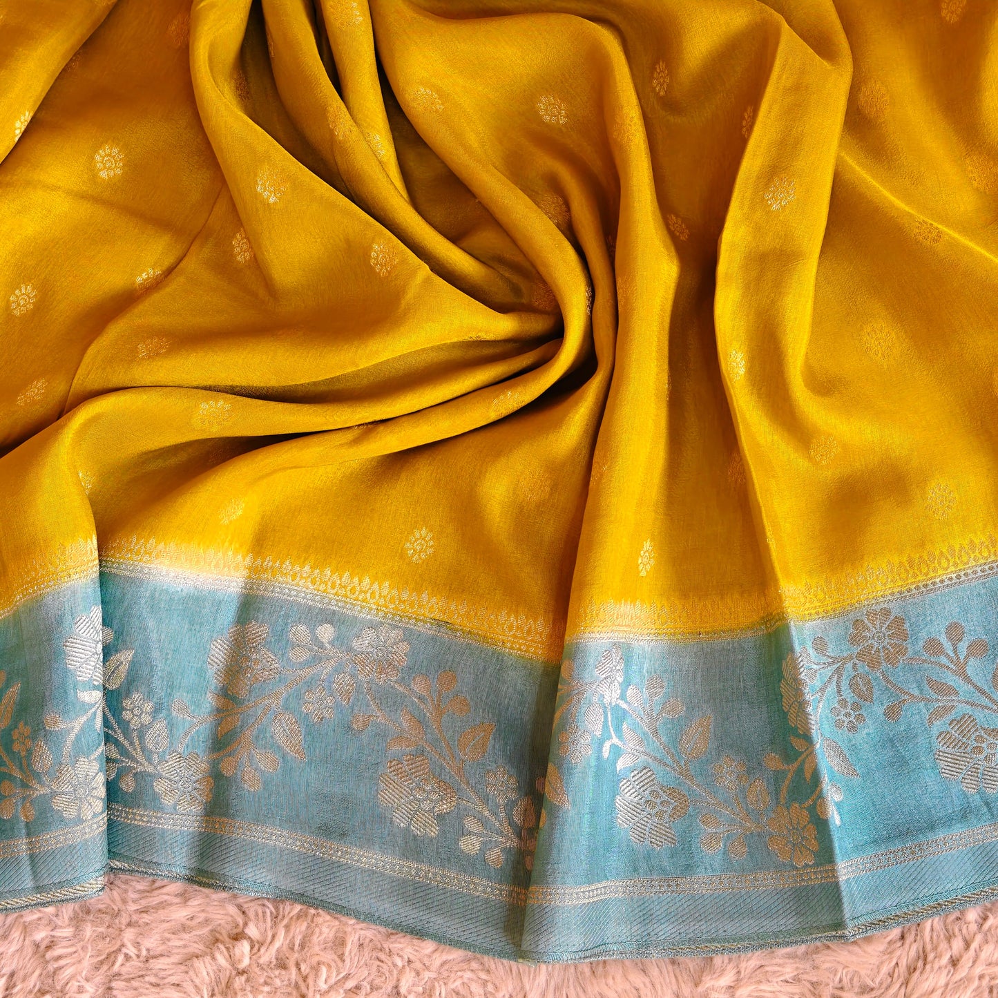 Yellow pure viscose border saree with buttas