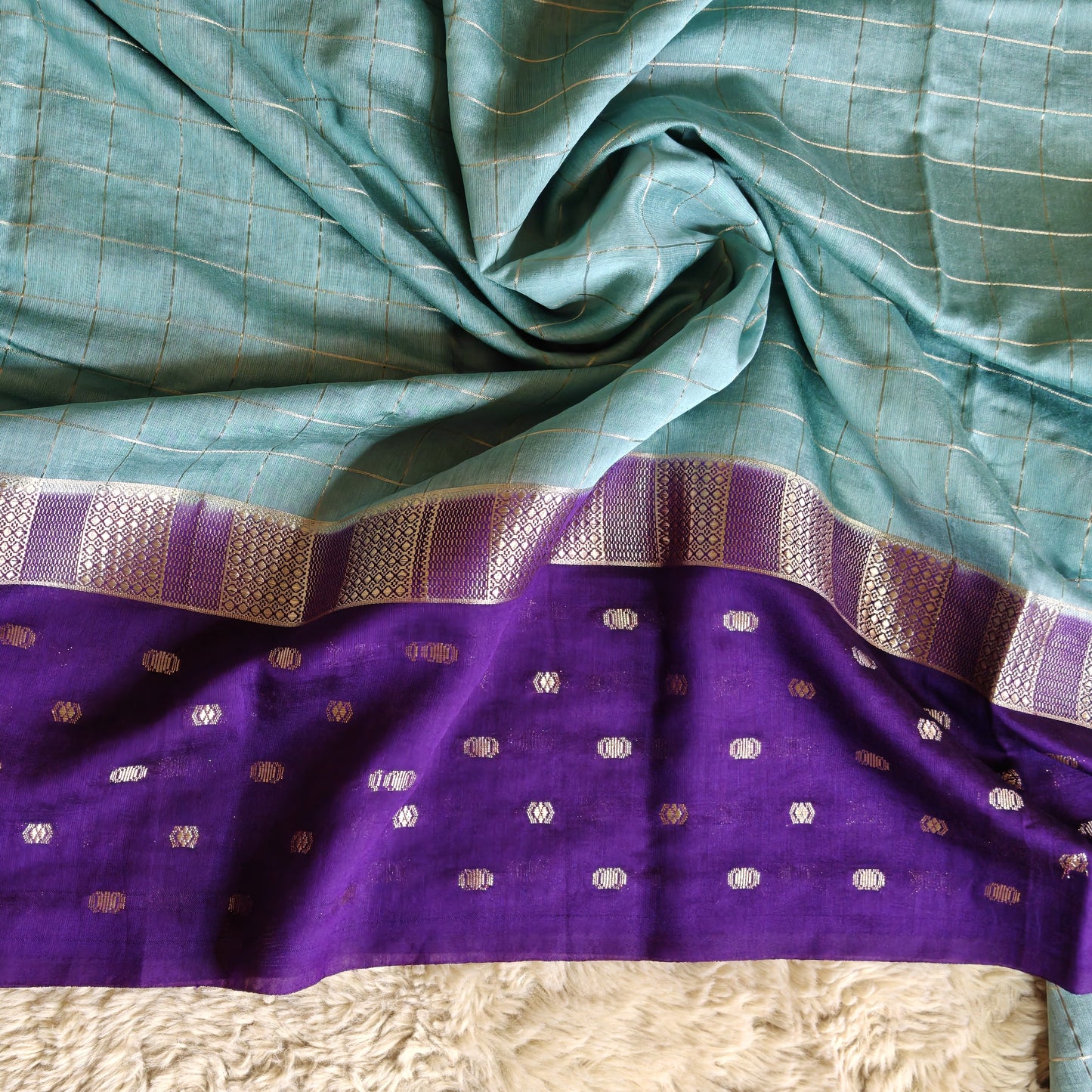 Sea blue muslin saree with checks